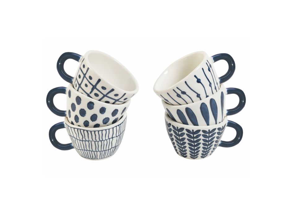 Serviço de copos de café em grés com decorações tribais azuis 12 peças - Tribu Viadurini