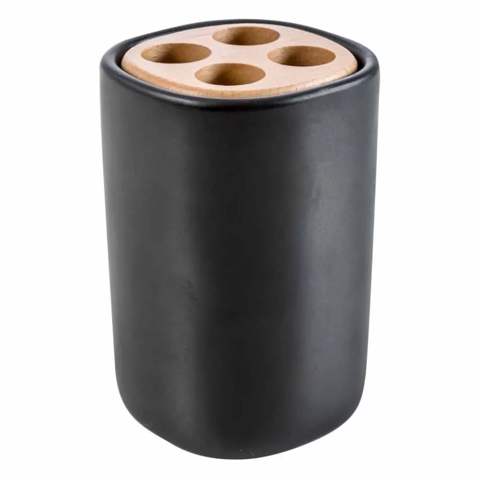 Carsoli moderno conjunto de acessórios de banheiro em cerâmica e madeira Viadurini