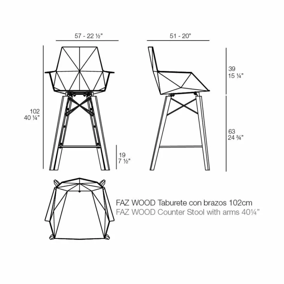 Banco de Cozinha com Apoio de Braços em Madeira e Plástico - Faz Wood by Vondom Viadurini