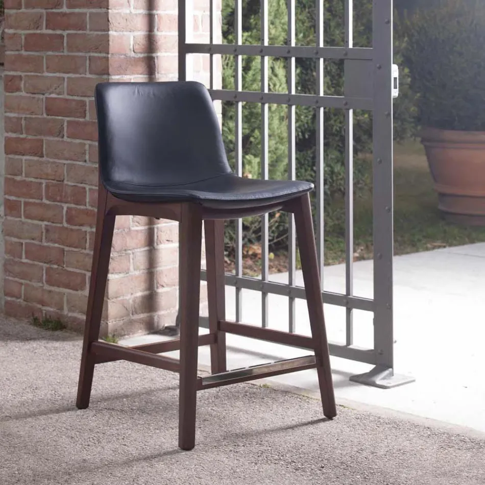 Banqueta de cozinha fixa design em couro e madeira fabricada na Itália - Rocco Viadurini