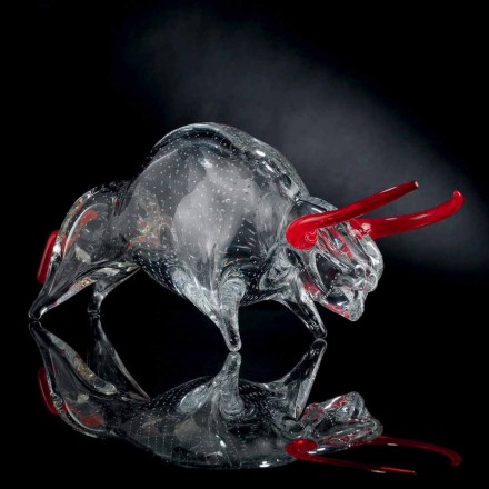Ornamento em forma de touro em vidro vermelho e transparente feito na Itália - Torero Viadurini