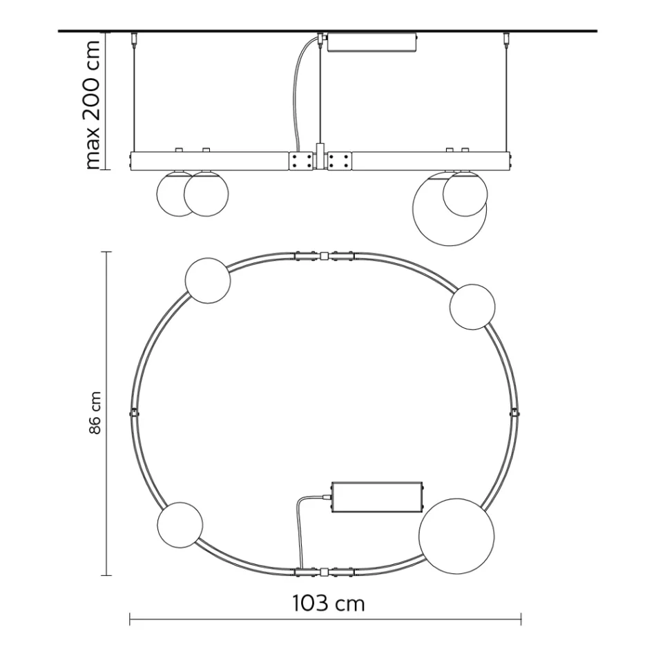 Suspensão de design oval em alumínio preto com esferas e holofotes - Exodus Viadurini