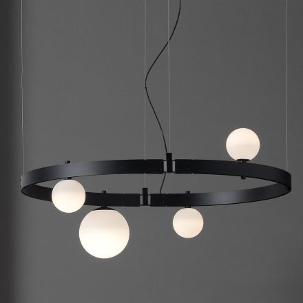 Suspensão de design oval em alumínio preto com esferas e holofotes - Exodus Viadurini