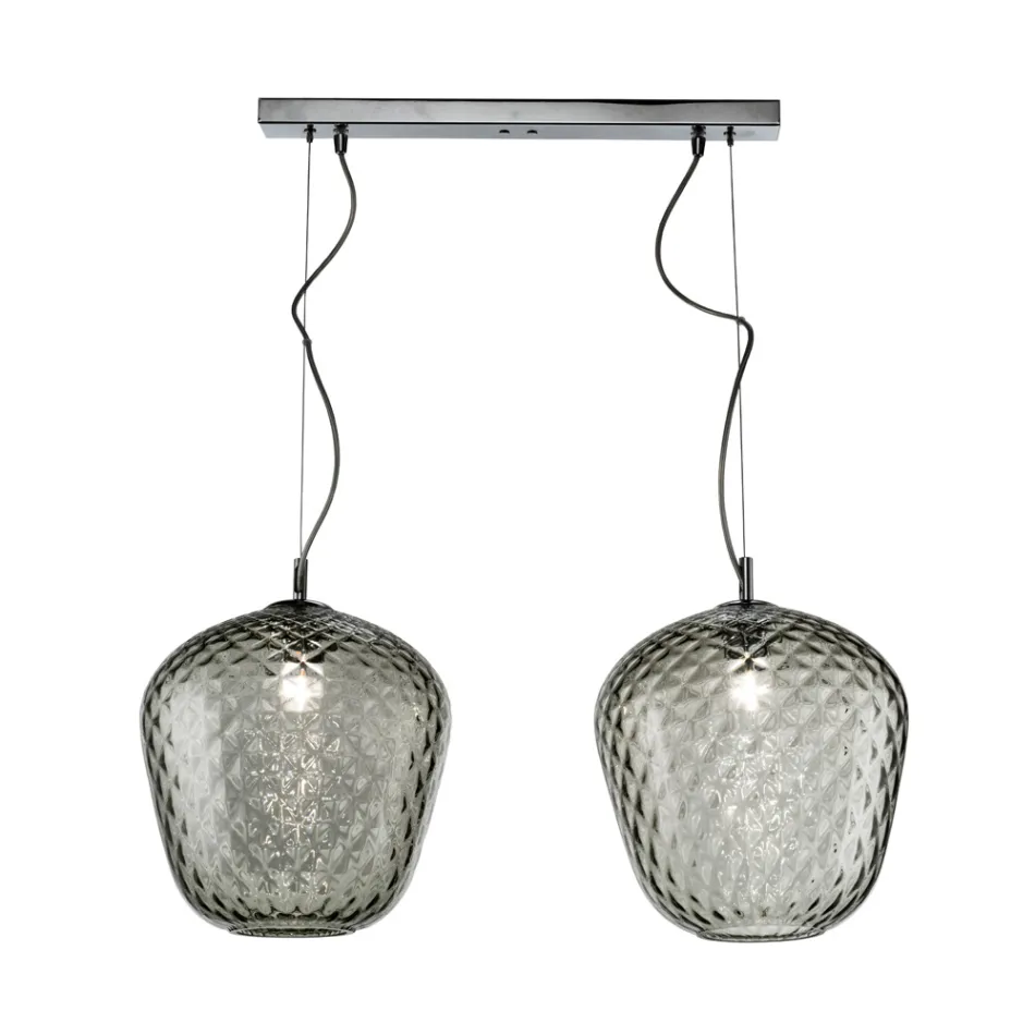 Luminária pendente de dois raios com barra linear em vidro e metal, fabricada na Itália - Elisia Viadurini