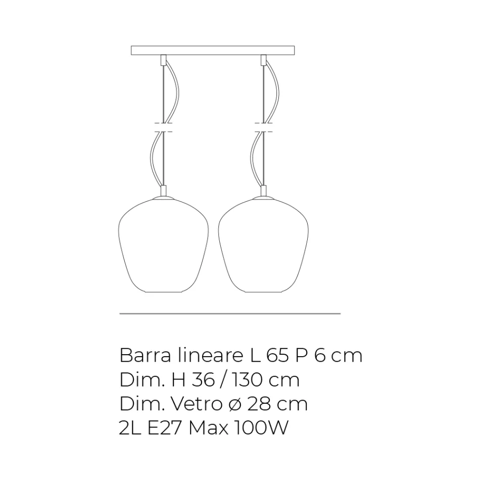 Luminária pendente de dois raios com barra linear em vidro e metal, fabricada na Itália - Elisia Viadurini