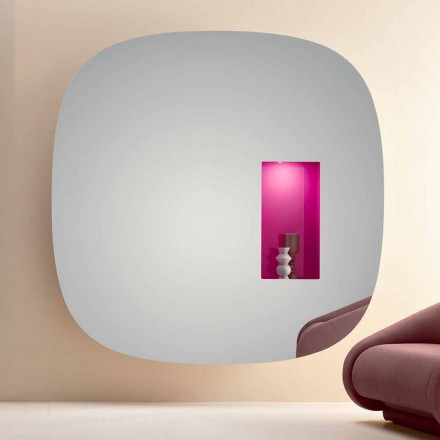 Espelho de parede com luz LED e compartimento rosa com design minimalista da sala - Matrix Viadurini