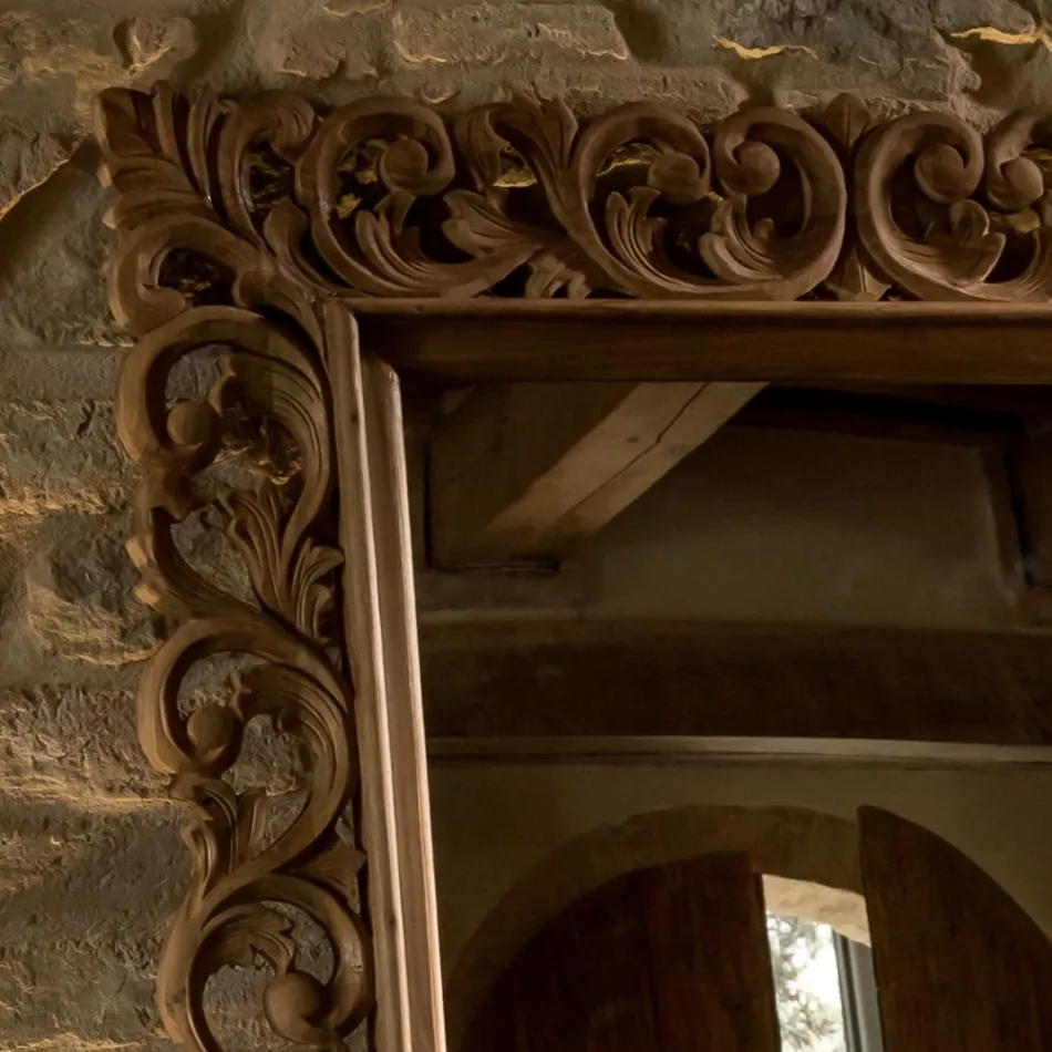 Espelho esculpido em madeira maciça de teca - Auguste Viadurini