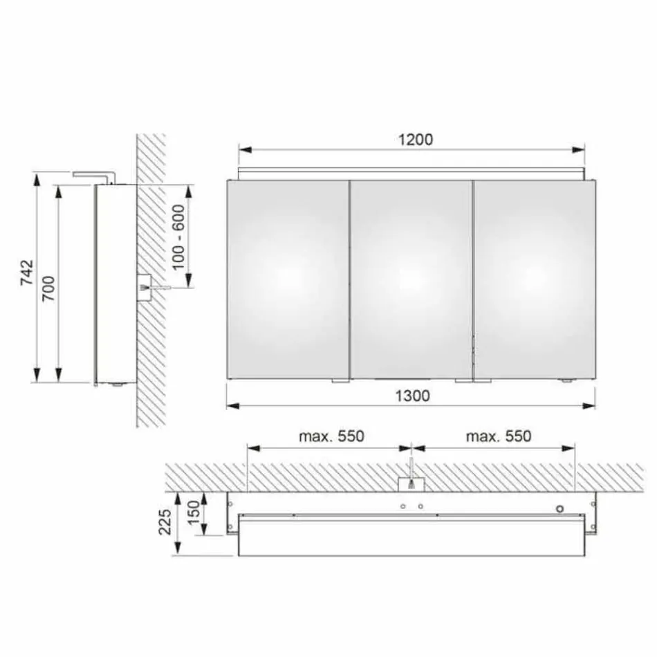 Espelho de gabinete moderno de 3 portas com prateleiras internas - Bramo Viadurini