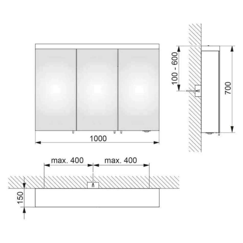 Espelho para arrumação de parede com 3 portas em alumínio pintado a prata - Alfio Viadurini