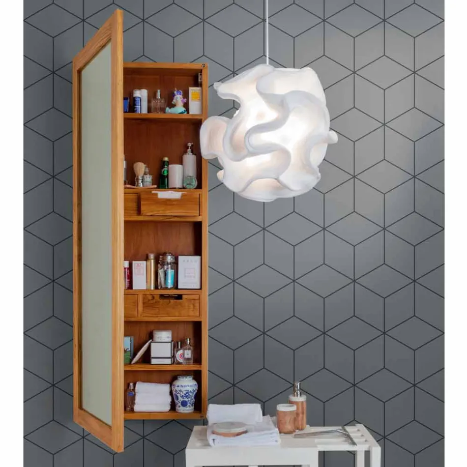 Espelho de teca para armazenamento de parede com prateleiras e gavetas internas - Ralio Viadurini