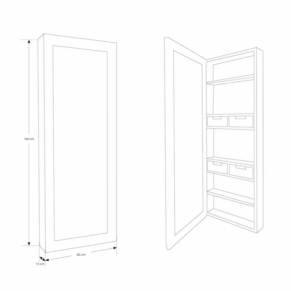 Espelho de teca para armazenamento de parede com prateleiras e gavetas internas - Ralio Viadurini