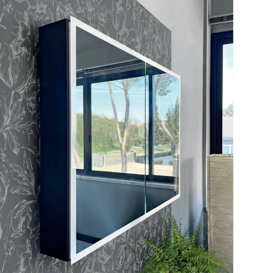 Recipiente de espelho de madeira com espelho duplo e luzes fabricado na Itália - Darwin Viadurini