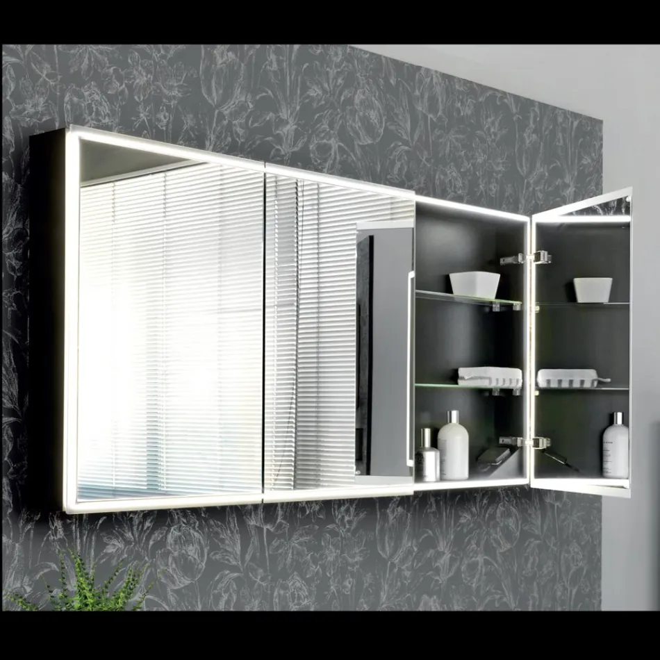 Recipiente de espelho de madeira com espelho duplo e luzes fabricado na Itália - Darwin Viadurini