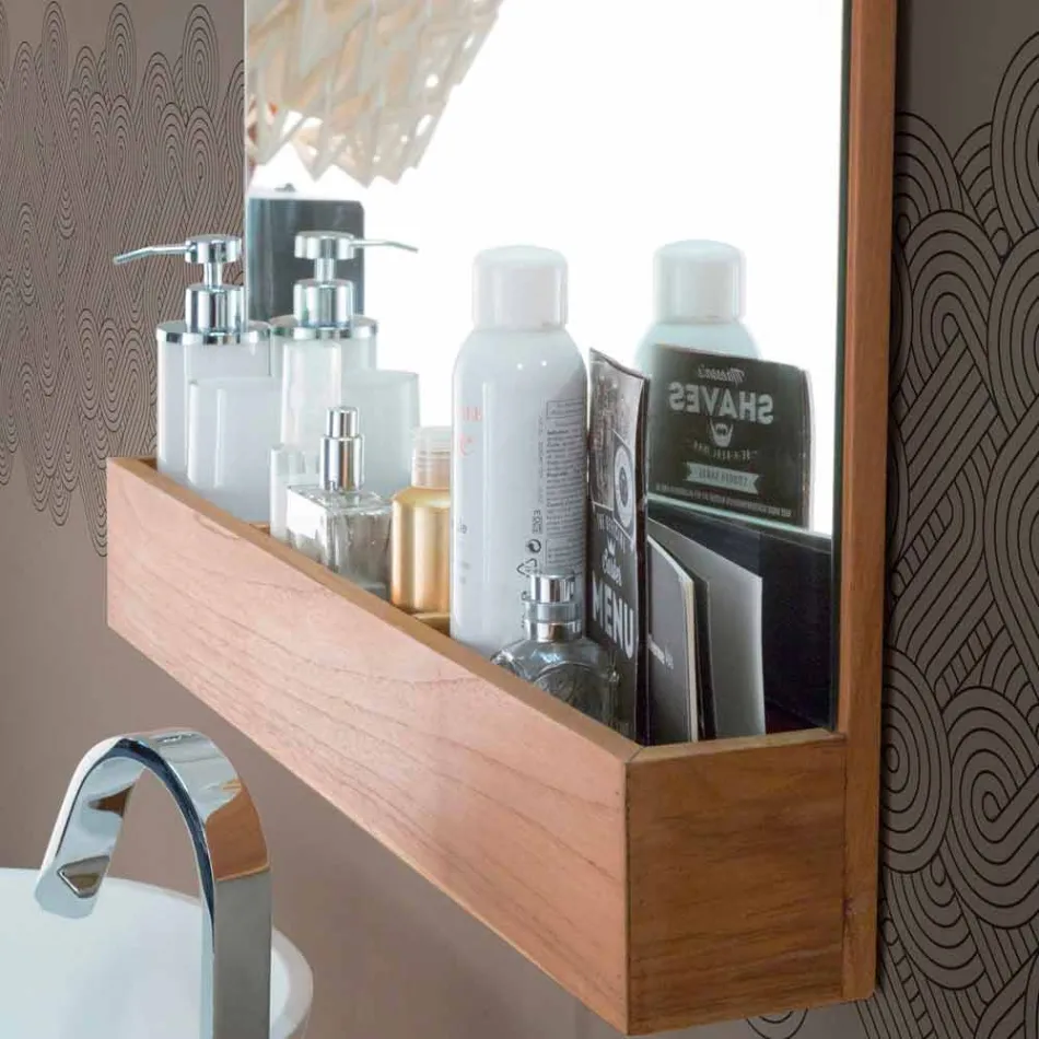 Espelho de Parede com Estrutura e Compartimento de Arrumação em Madeira Teca - Palima Viadurini