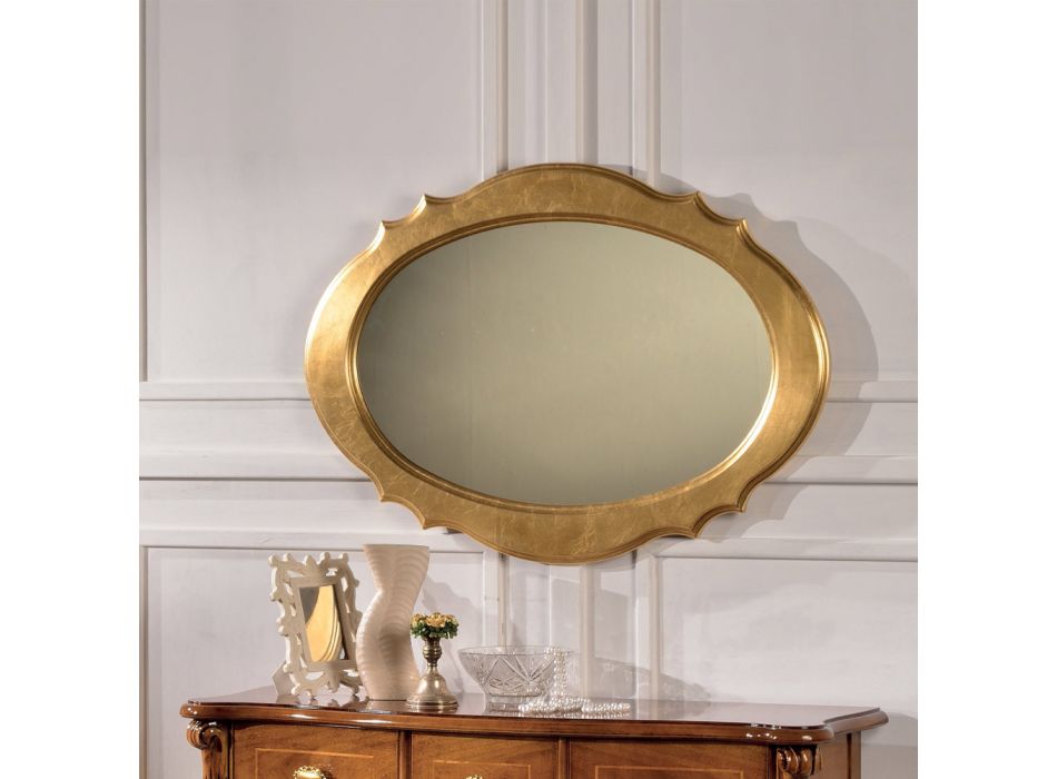 Espelho oval com moldura em folha de ouro feito na Itália - Florença Viadurini
