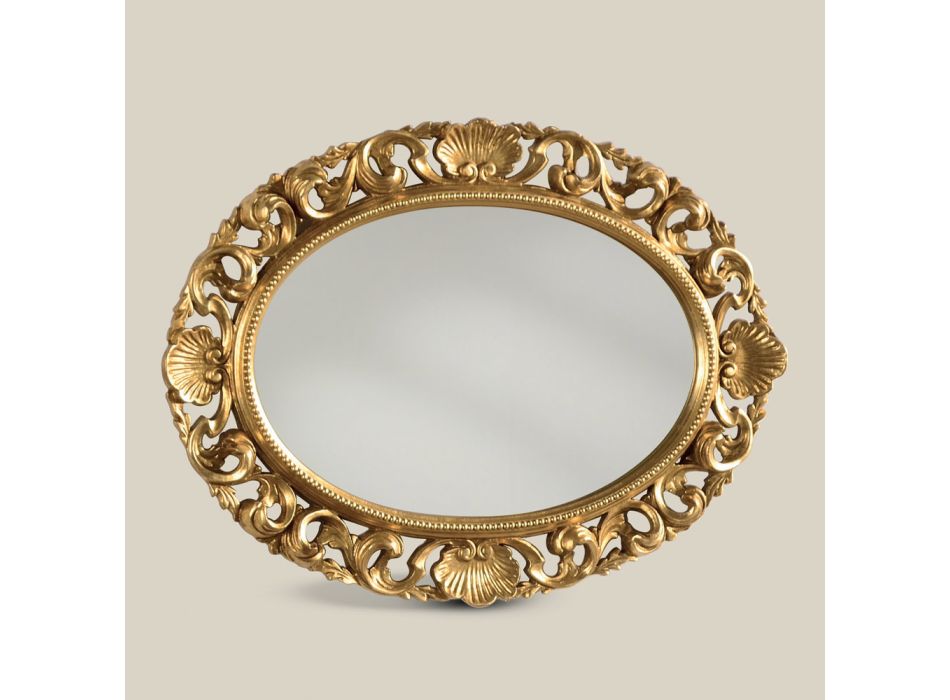Espelho oval com moldura de madeira perfurada folha de ouro feito na Itália - Florença Viadurini