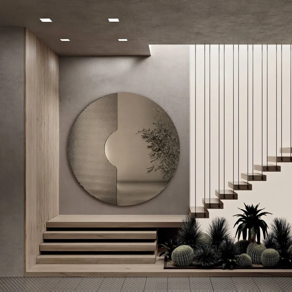 Espelho de parede redondo com inserção de tela, fabricado na Itália - Annabella Viadurini