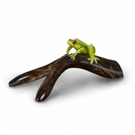 Estatueta em forma de sapo em um galho em vidro colorido feito na Itália - Froggy Viadurini
