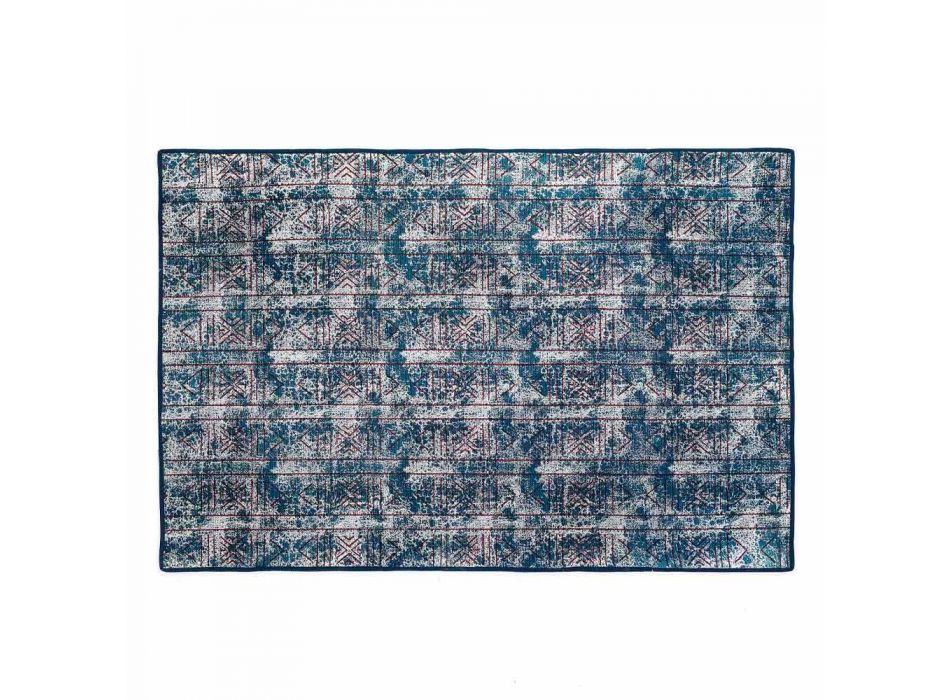 Tapete retangular de algodão Kilim Azul com Patchwork Colorido - Fibra Viadurini