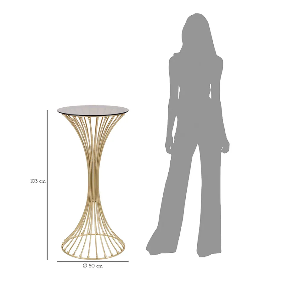 Mesa de Centro Alta Redonda em Ferro Dourado com Esferas e Tampo em Vidro Fumê - Dexter Viadurini