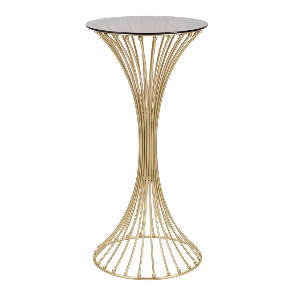 Mesa de Centro Alta Redonda em Ferro Dourado com Esferas e Tampo em Vidro Fumê - Dexter Viadurini