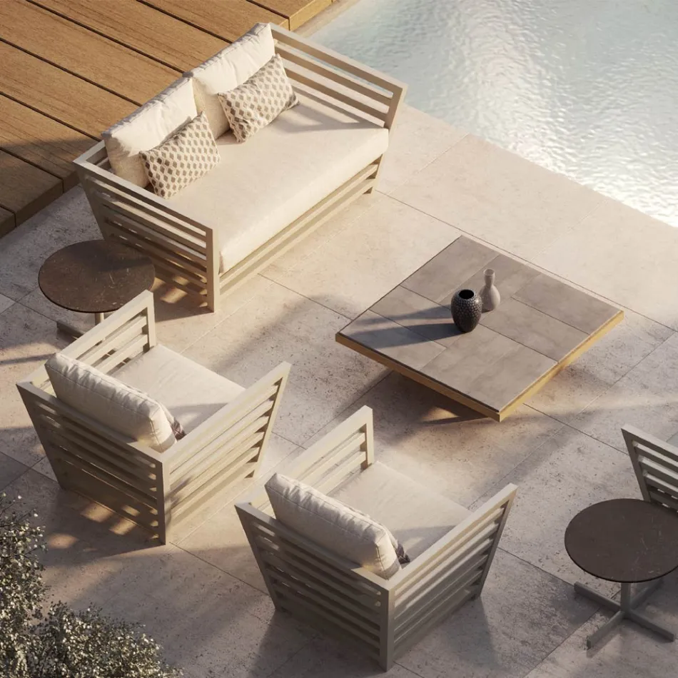 Mesa de centro baixa para jardim com tampo de laje de grés fabricado na Itália - Bresson Viadurini