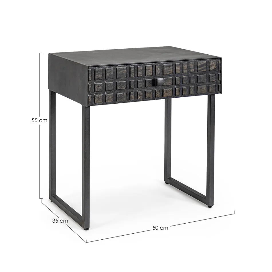 Mesa de Cabeceira em Aço e Madeira Manga de Design Étnico - Mireo Viadurini