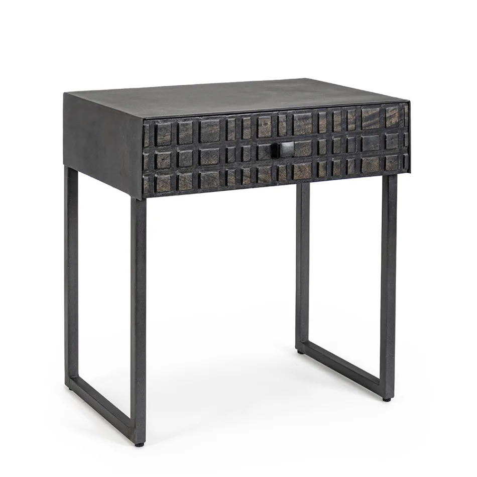 Mesa de Cabeceira em Aço e Madeira Manga de Design Étnico - Mireo Viadurini