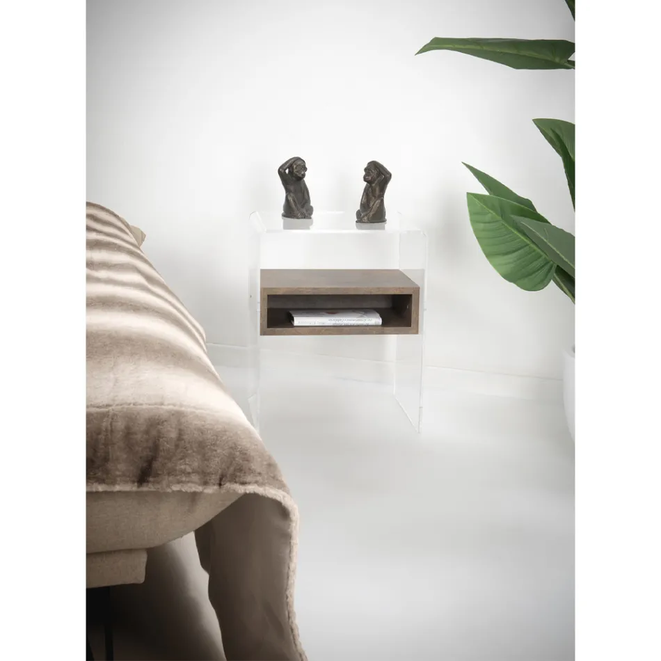 Mesa de cabeceira reciclável em plexiglass transparente e madeira - Pascoli Viadurini