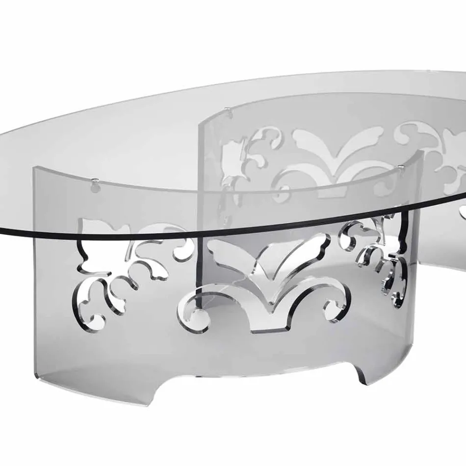 Mesa de Centro em Plexiglass Fumado ou Transparente com Base Decorada - Crasso Viadurini