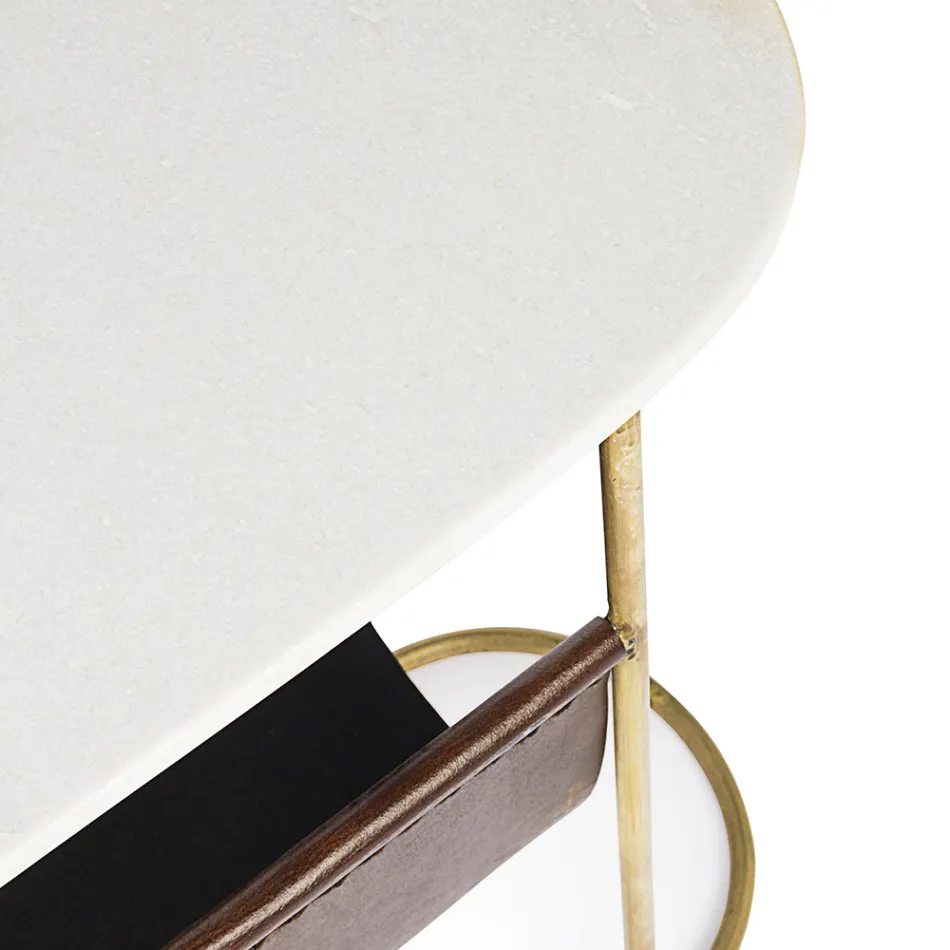 Mesa de centro em aço e mármore com porta-revistas em couro - Aretone Viadurini