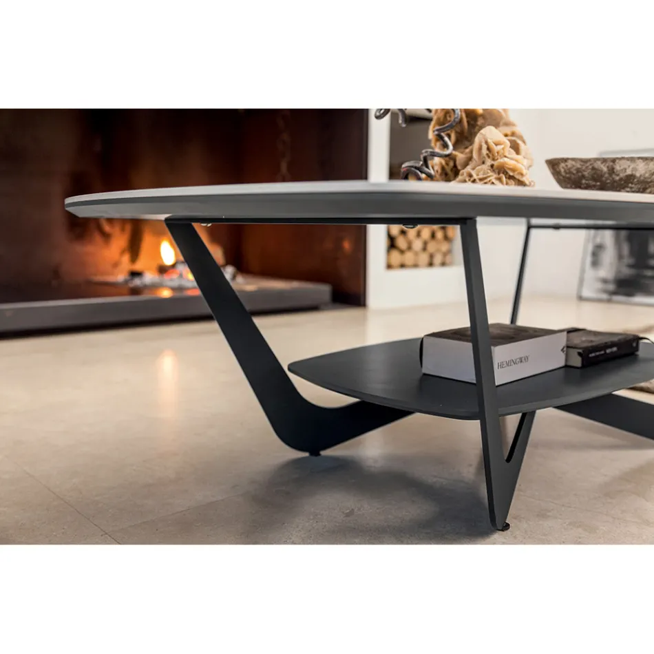 Mesa de centro de metal Tampo de cerâmica com armazenamento - Emirate Viadurini