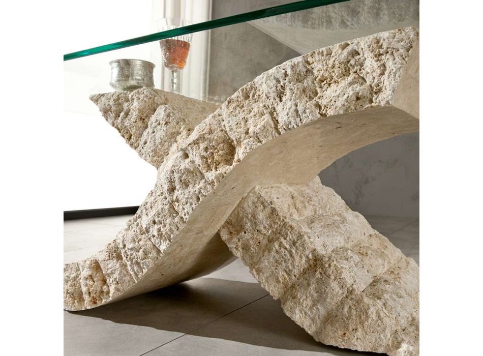 Mesa de centro de pedra fóssil com tampo de vidro temperado - Isabel Viadurini