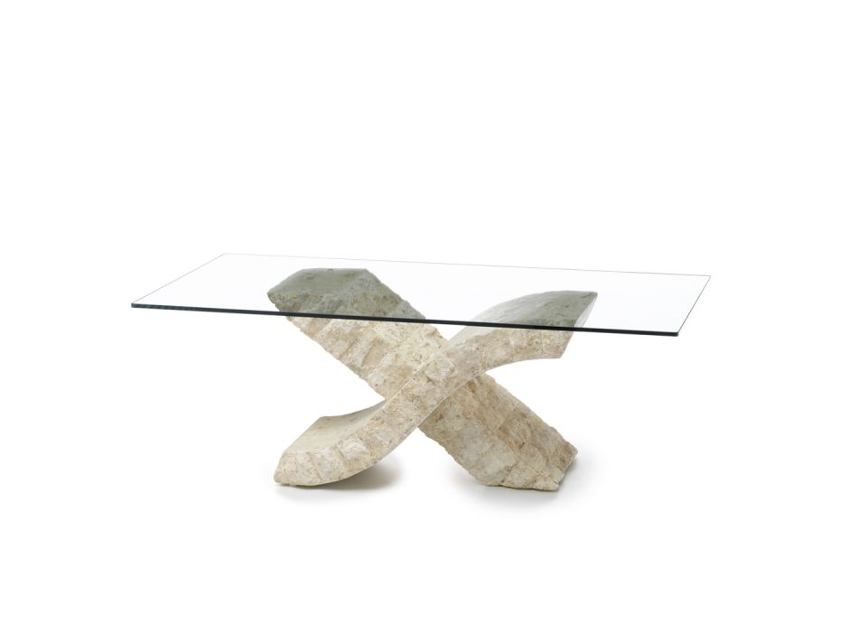 Mesa de centro de pedra fóssil com tampo de vidro temperado - Isabel Viadurini