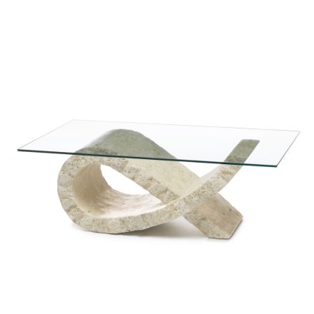 Mesa de centro de pedra fóssil com tampo de vidro transparente - Kansas Viadurini