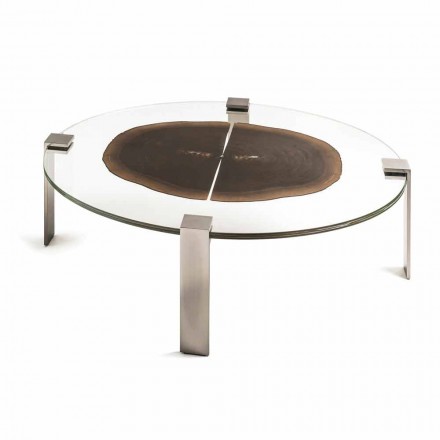 Mesa de centro baixa oval com tampo de vidro e madeira Buck 1 Viadurini