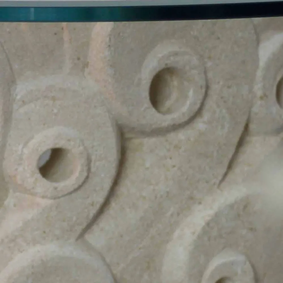 Mesa oval de pedra de carvalho e mesa de cristal, design moderno de Lindos Viadurini