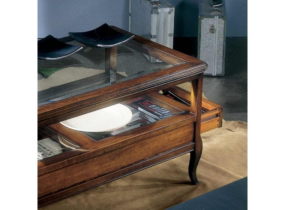 Mesa de centro da sala com tampo de vidro e 2 gavetas Made in Italy - Xipe Viadurini