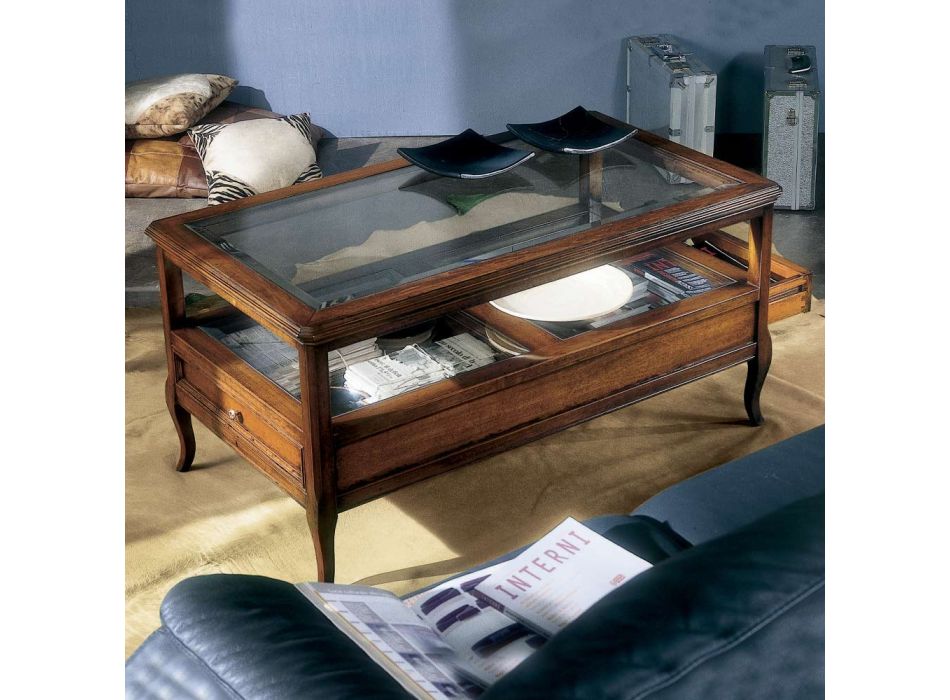 Mesa de centro da sala com tampo de vidro e 2 gavetas Made in Italy - Xipe Viadurini