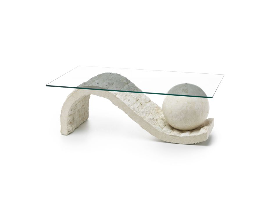 Tampo de vidro da mesa de centro da sala de estar com base de pedra fóssil - esfera Viadurini