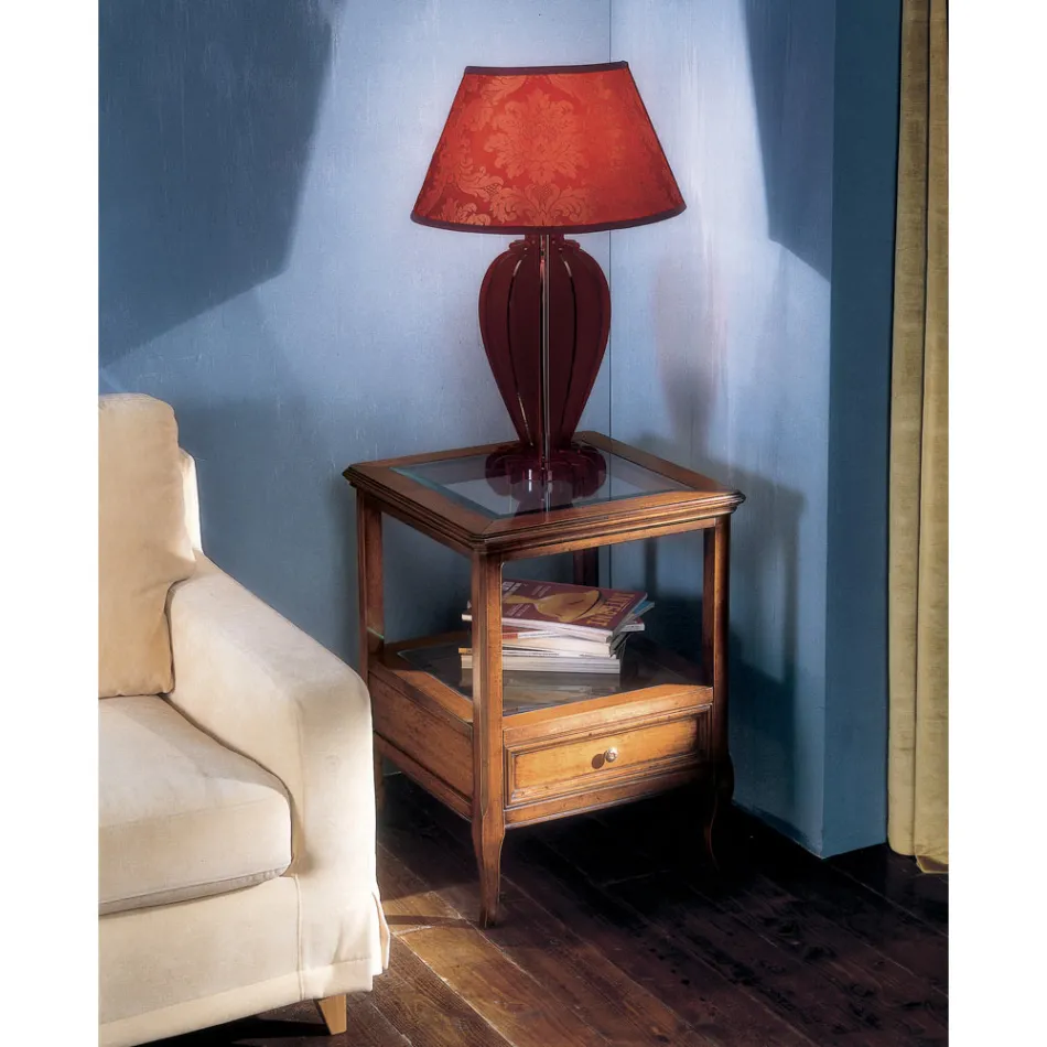 Mesa de centro de madeira Bassano Francia com tampo de vidro fabricada na Itália - Patecati Viadurini