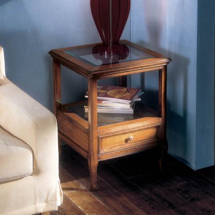 Mesa de centro de madeira Bassano Francia com tampo de vidro fabricada na Itália - Patecati Viadurini