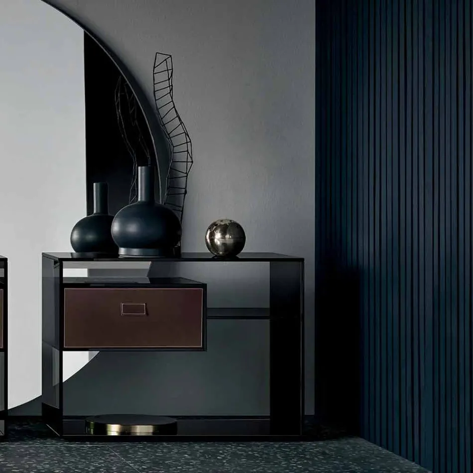 Mesa lateral para sofá ou mesinha de cabeceira em vidro fumê com gaveta de couro - Linzy Viadurini