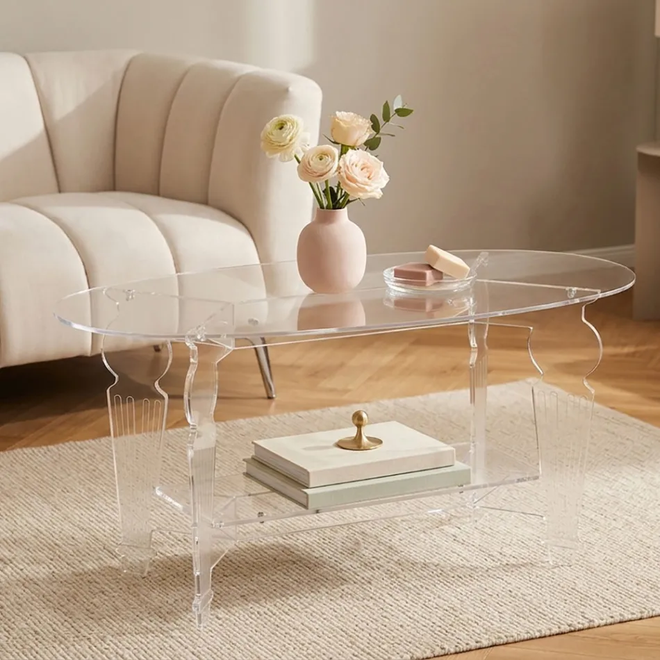 Ilaria - Mesa de centro oval em acrílico transparente, fabricada na Itália. Viadurini