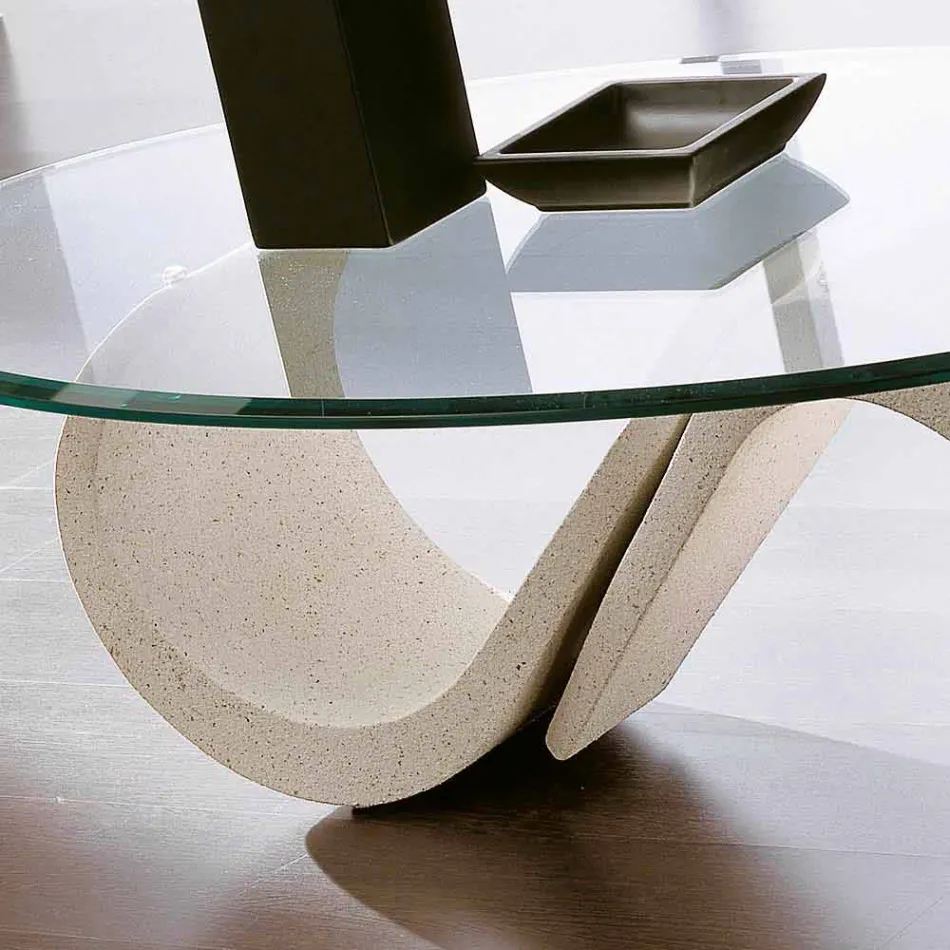 Mesa de centro oval em vidro chanfrado e mármore sintético made in Italy - Barbera Viadurini