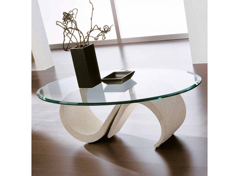 Mesa de centro oval em vidro chanfrado e mármore sintético made in Italy - Barbera Viadurini