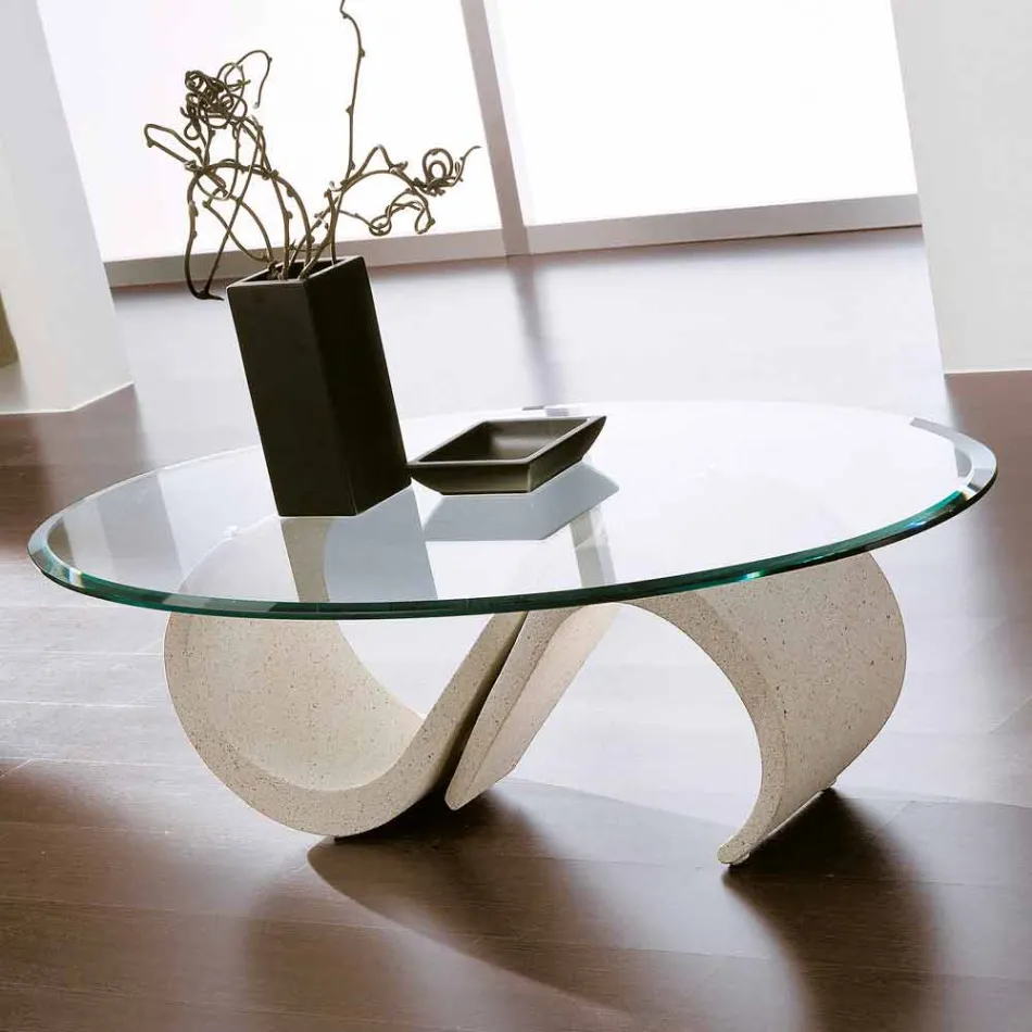 Mesa de centro oval em vidro chanfrado e mármore sintético made in Italy - Barbera Viadurini