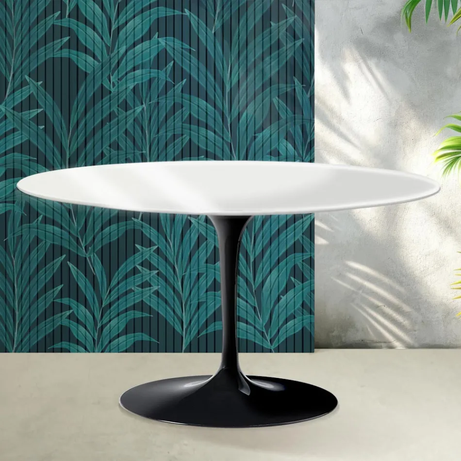 Mesa de centro oval Saarinen Tulip, 41 cm de altura, em cerâmica Florim branca brilhante - Scarlet Viadurini