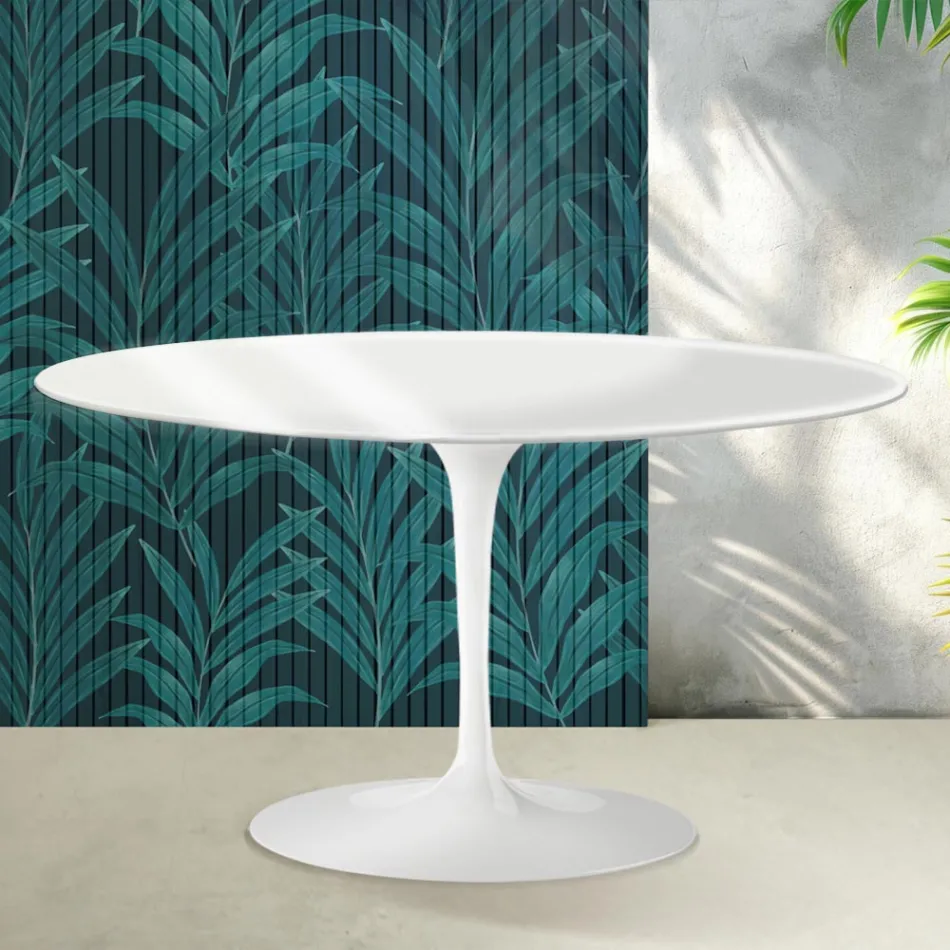 Mesa de centro oval Saarinen Tulip, 41 cm de altura, em cerâmica Florim branca brilhante - Scarlet Viadurini