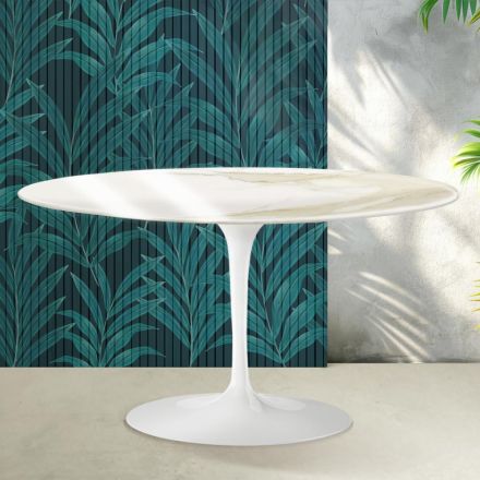 Mesa de centro oval Saarinen Tulip, 41 cm de altura, em cerâmica Florim Calacatta Gold brilhante - Scarlet Viadurini